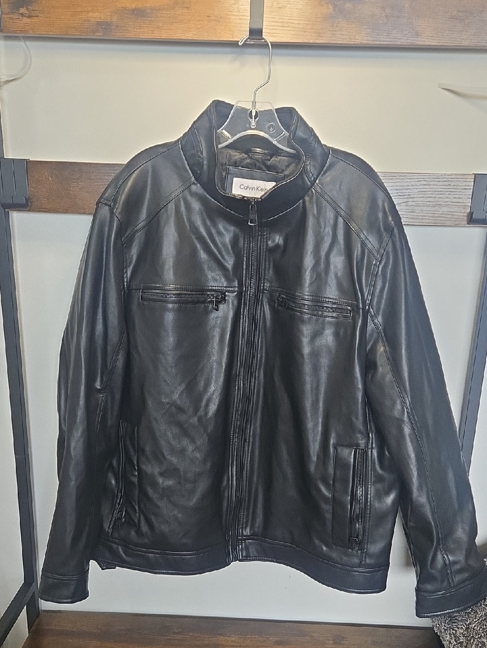 Calvin Klein Black Leather Bomber Jacket with Zip Pockets